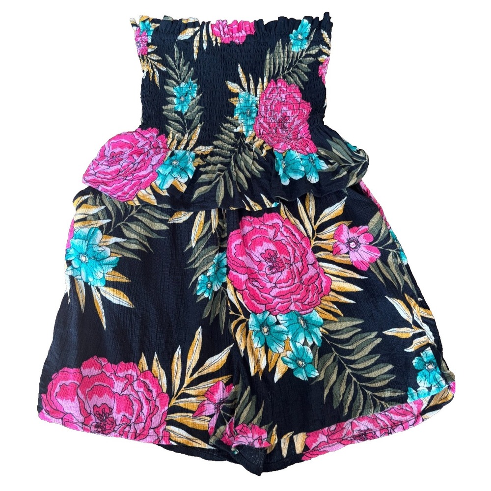 Women's Billabong Strapless Romper‎ Hawaiian Print  on black ruched bodice Sz Xs